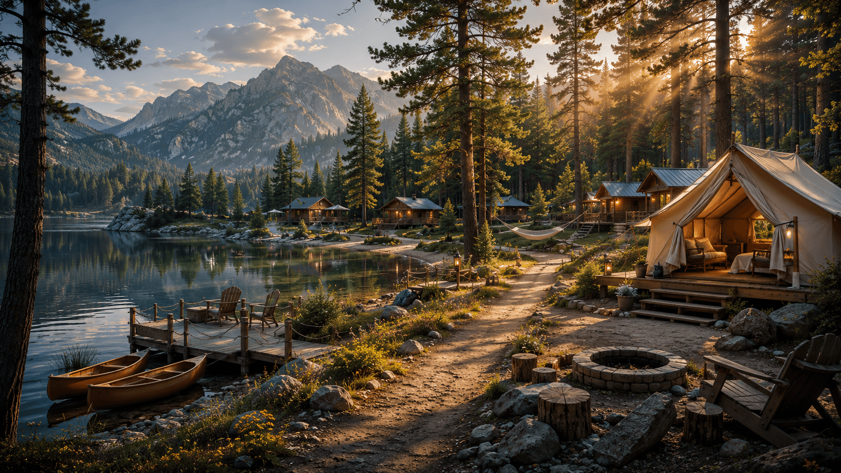 Lakeside campground with cabins and canvas tents beneath mountain peaks