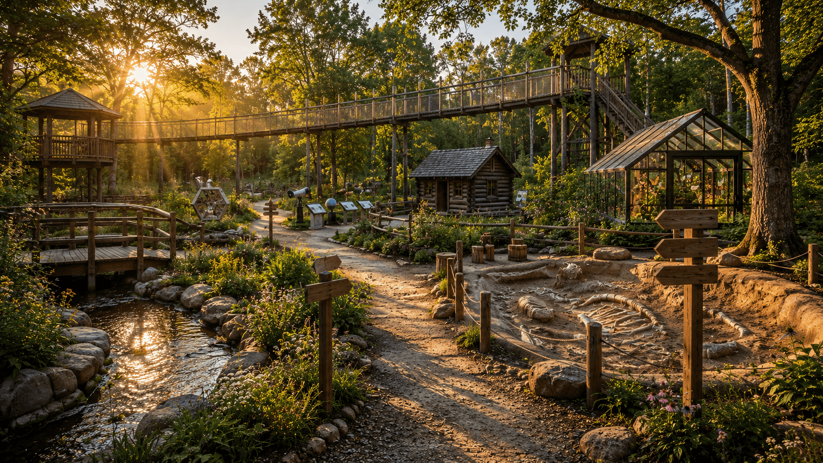 Outdoor discovery park with nature trails and hands-on learning areas