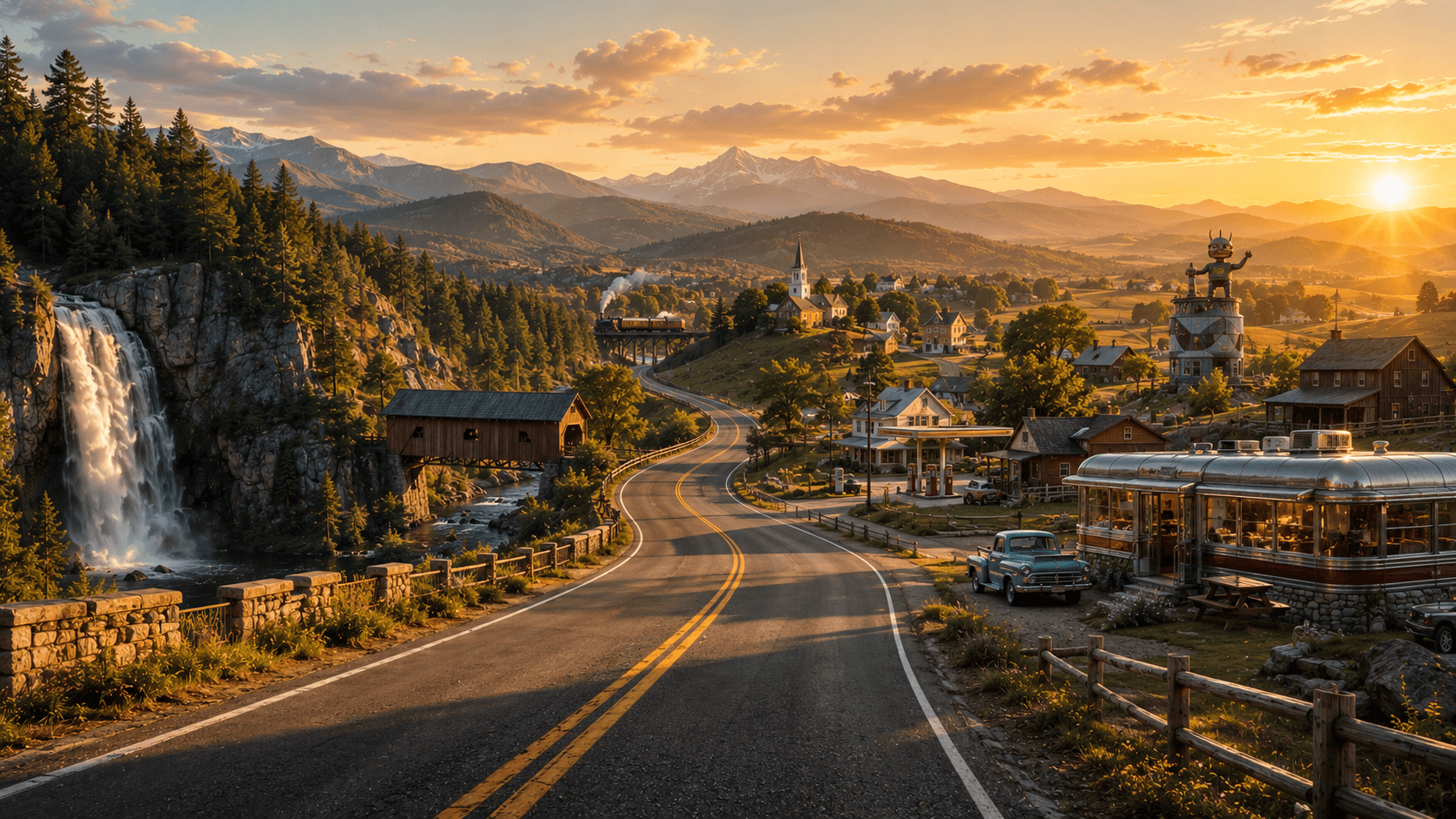 Scenic road winding through a mountain town at sunset