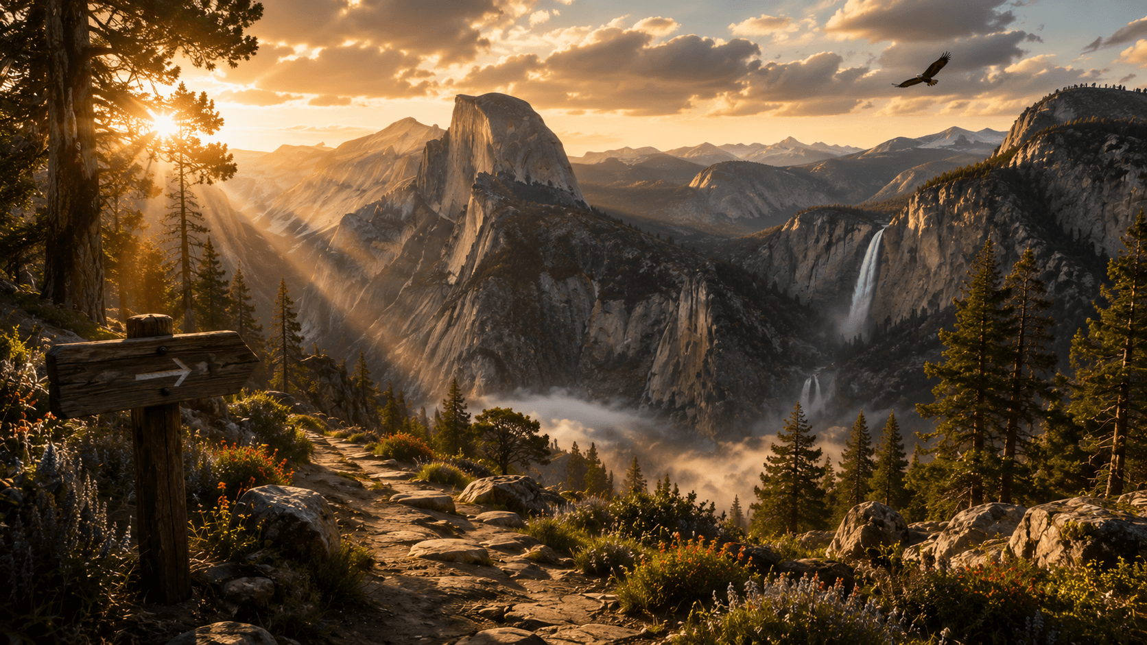 Mountain trail overlooking a national park valley at sunset