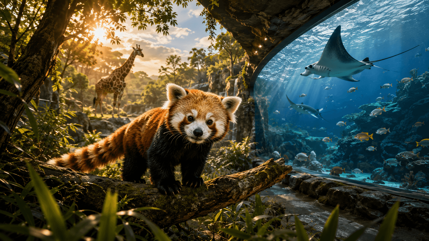 Red panda habitat beside a large aquarium exhibit